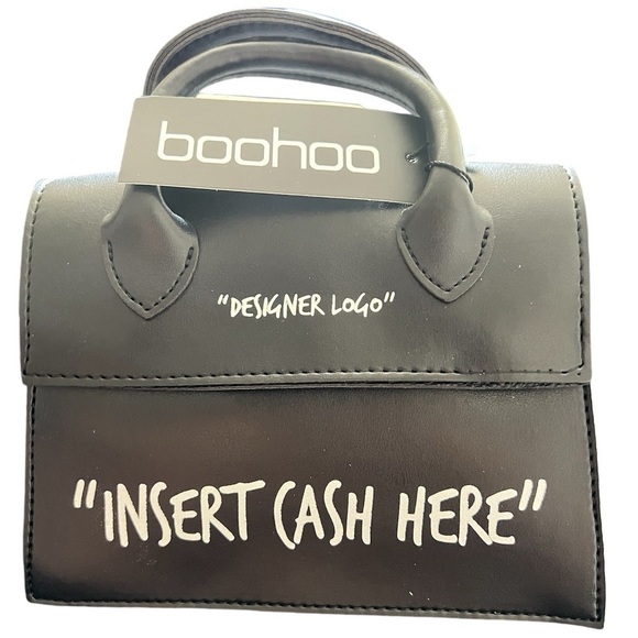Boohoo Handbags - Boohoo black mini bag with "insert cash here" graphic.